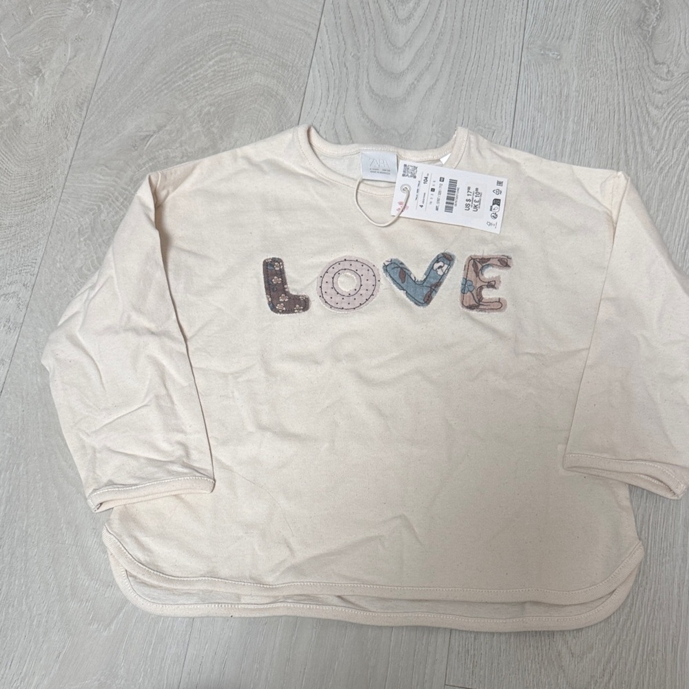 Zara Cream Long Sleeve Kids Tee with 'Love' Design